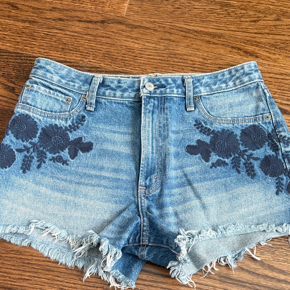 Abercrombie & Fitch Blue Jean Shorts with navy blue floral Embroidery